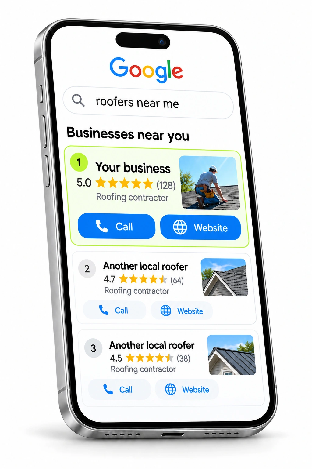 Illustrative Google local results: Your business first, with an example 5.0 rating, five gold stars, and 128 example reviews